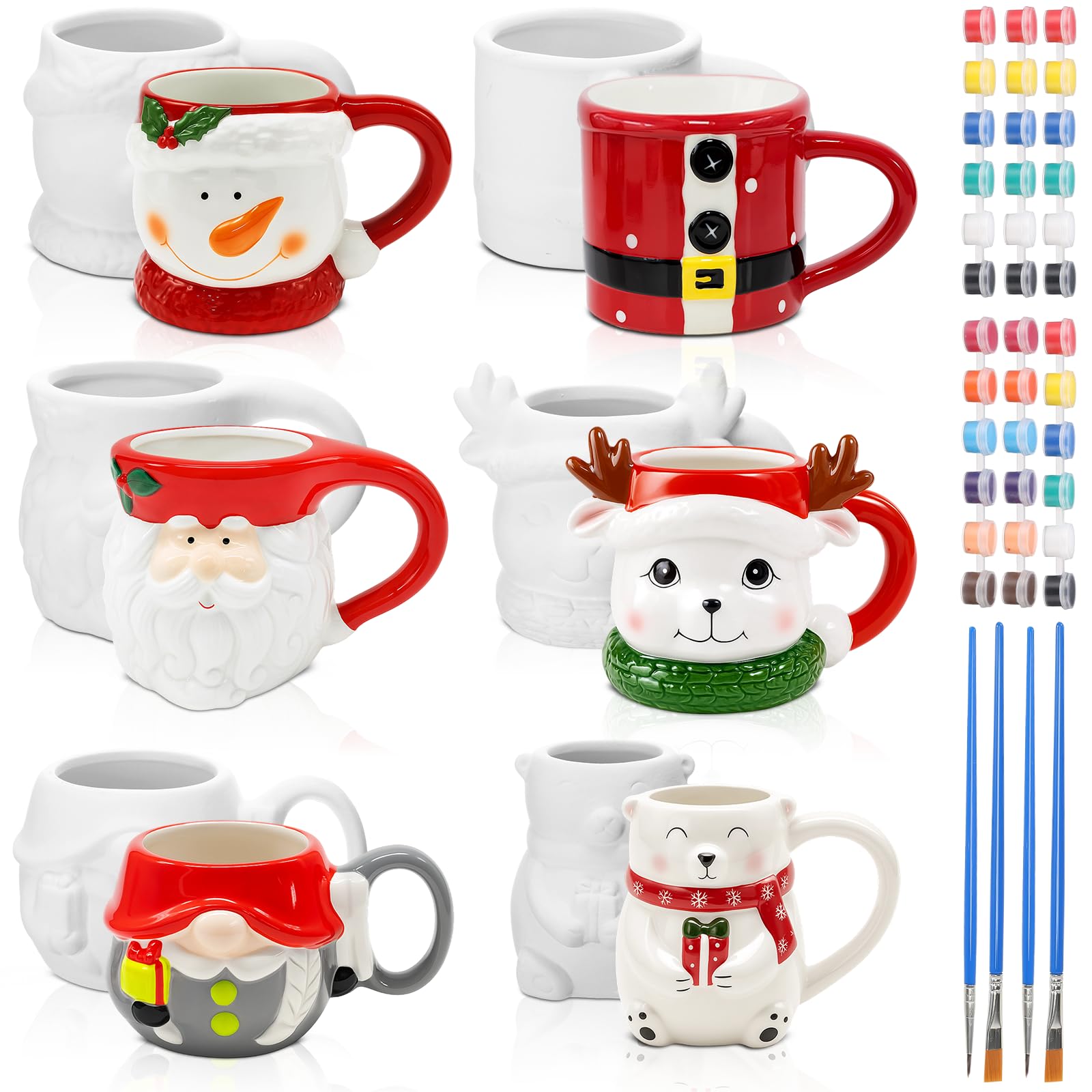 Vesici Set mit 6 Keramik-Weihnachtsbechern, Bastelset, DIY, Keramik, Gipsbecher für Erwachsene, Kinder, Klassenzimmer, Kunstprojekt, Weihnachtsgeschenke, Party-Dekoration, Farbe und Pinsel im
