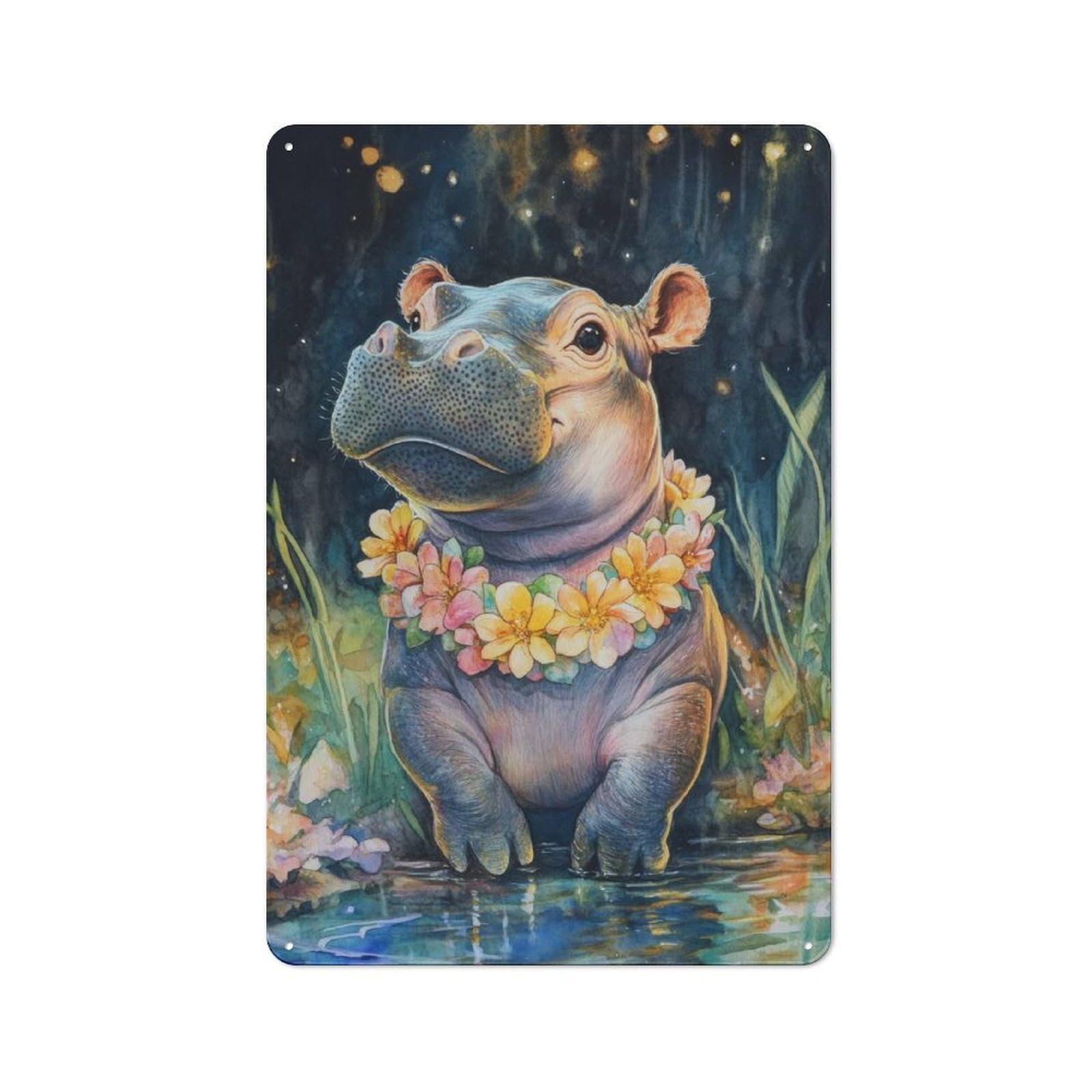 Tin Sign 30x20cm with Smiling Hippo with Flowers for Workshop Wall, Rustic Decor, Suited to Workshop Decor Fans