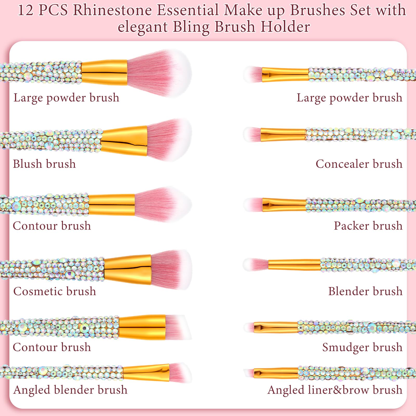 Rtteri 13 Pcs Rhinestone  Makeup Brushes Set Yellow Bling Crystal Professional Face Cosmetics Blending Liquid Foundation Powder Concealer Eye Shadows Make up Beauty Tool Glitter with Holder: Silver, Pink