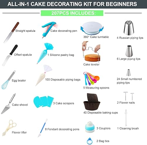 Miniatura 2 de Suuker Kit de decoración de pasteles de 207 piezas, 30 puntas de tuberías y 101 bolsas de tuberías, 4 puntas de tuberías rusas, 1 soporte para