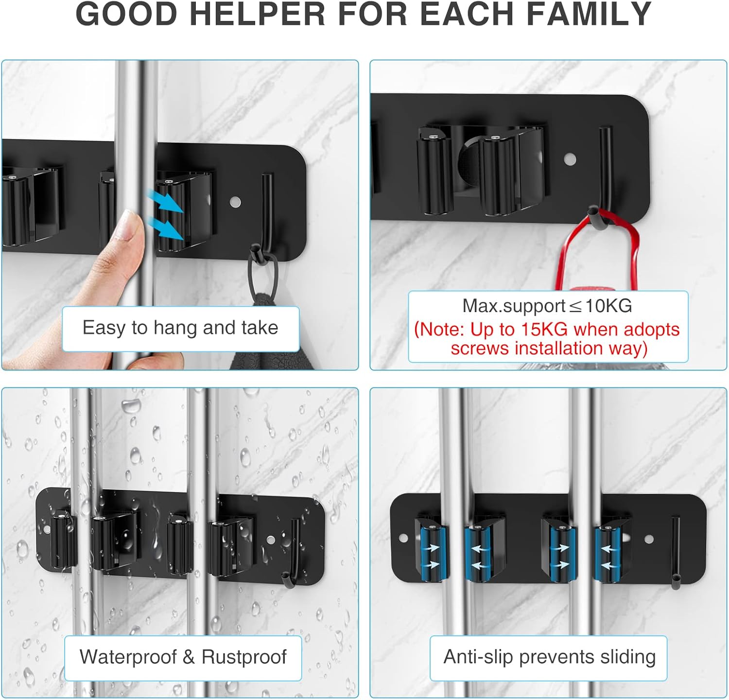 homeasy Wall Mount Mop and Broom Holder, Heavy Duty Stainless Steel Organizer Rack with Hooks | 2-Pack, 2-in-1 No Drill & Screw Installation, Black