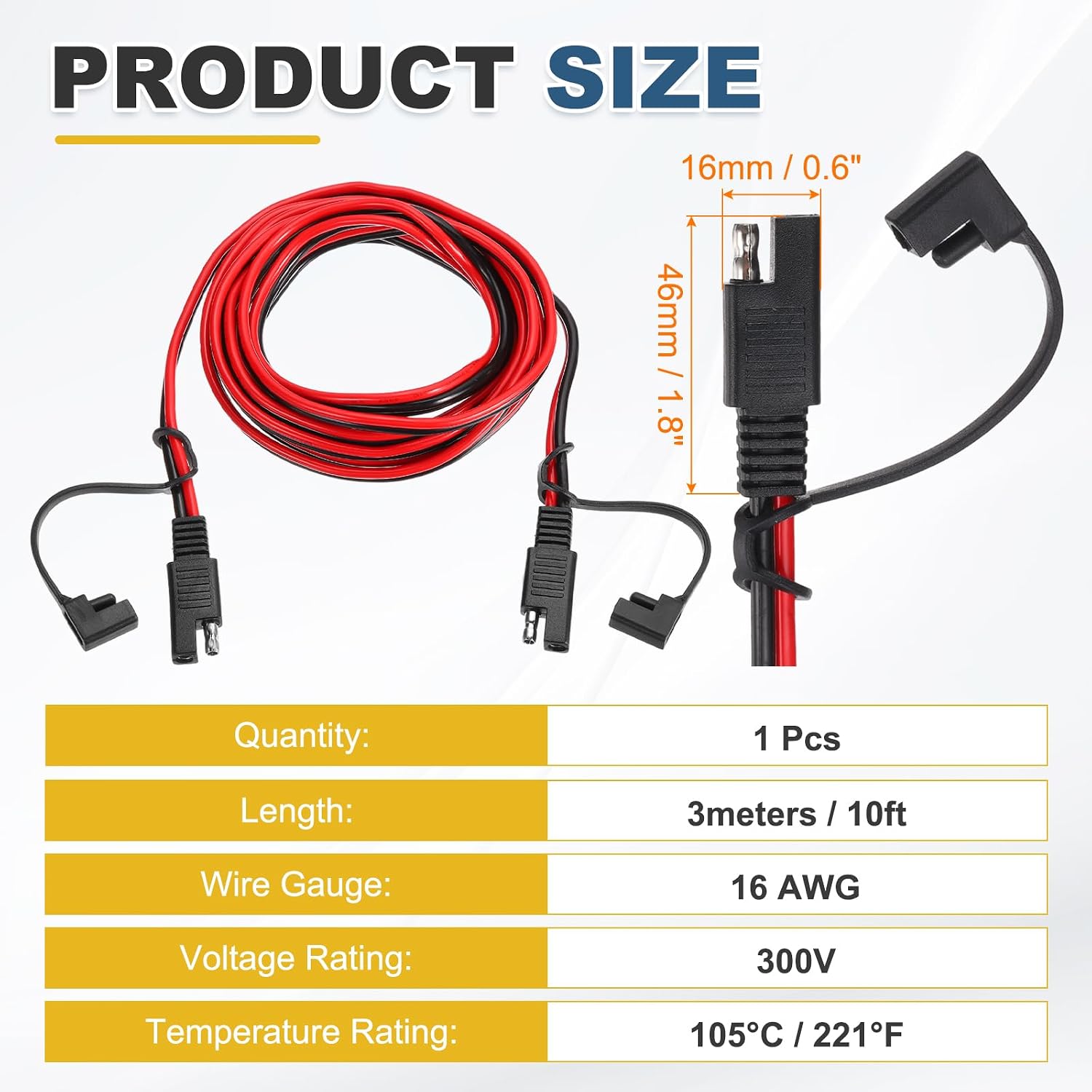 MECCANIXITY SAE Extension Cable, 10FT 16 AWG Quick Disconnect SAE Connector Cable Wire Cord Harness with Dust Cap for Motorcycle Automotive Power Solar Panel Cars Boats