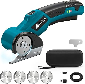 Mulctun Electric Box Cutter with 4 Safety Blades,Storage Bag,Cardboard Cutter with Safety Lock,Led Light,4V 2000mAh Cordless Electric Scissors for Carton Carpet Fabric LeatherDark Blue