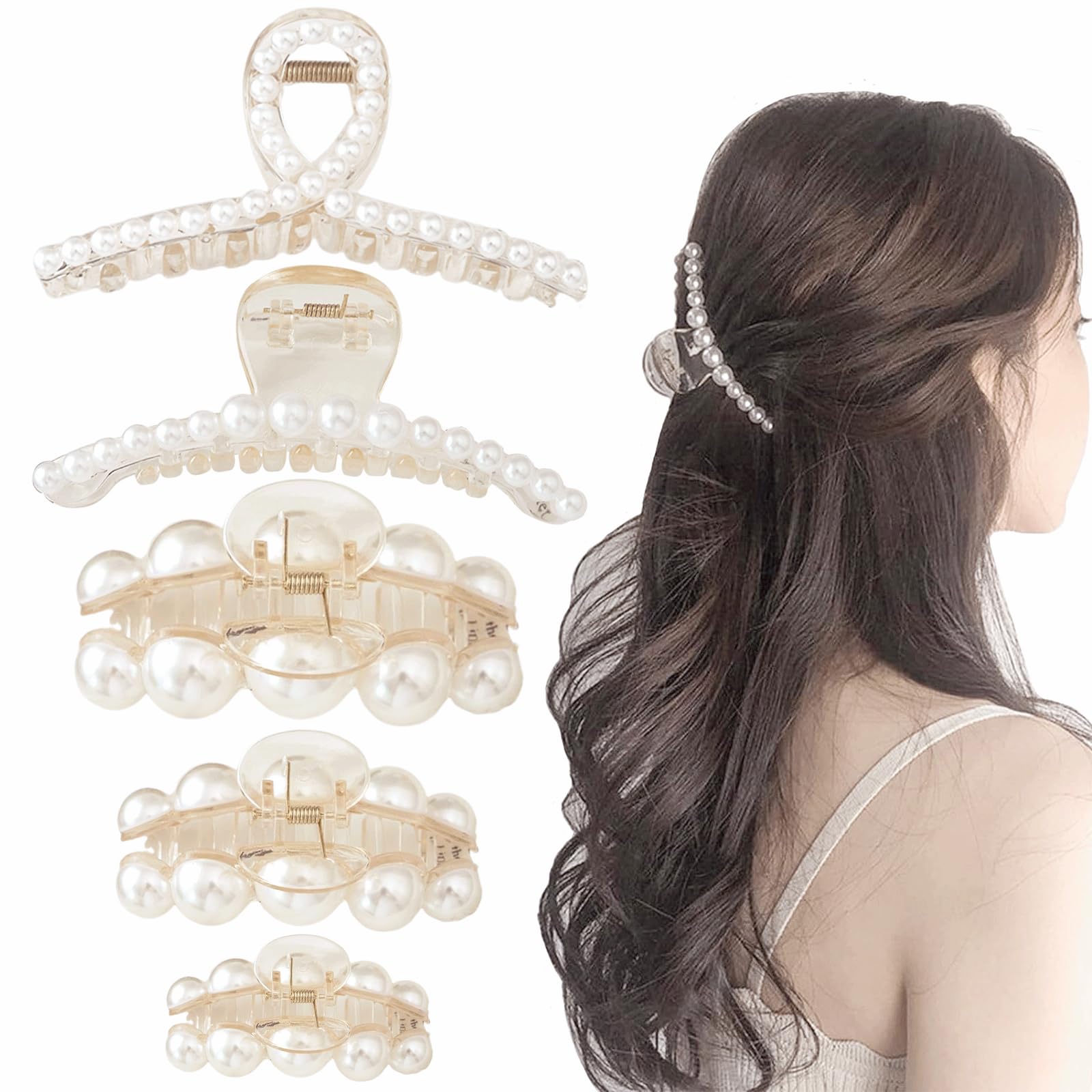 SHEHARUHI 5 PCS Large Pearl Hair Claw Clips for Women Girls, Hair Barrette Clamps for Thick Thin Hair, Fashion Hair Accessories Headwear Styling Tools