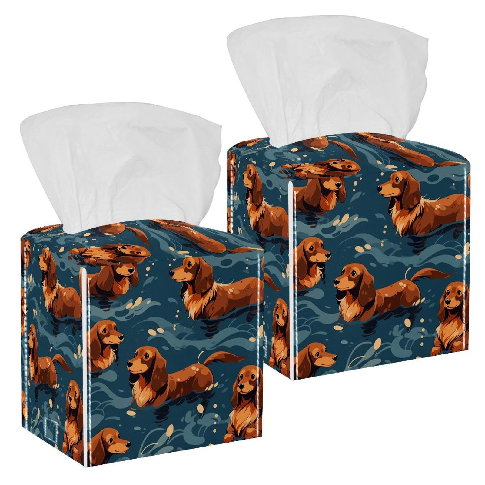 Cartoon Dog Tissue Box Cover, 2 Pack PU Leather Square Facial Tissue Dispenser Box holder for Home Office Car