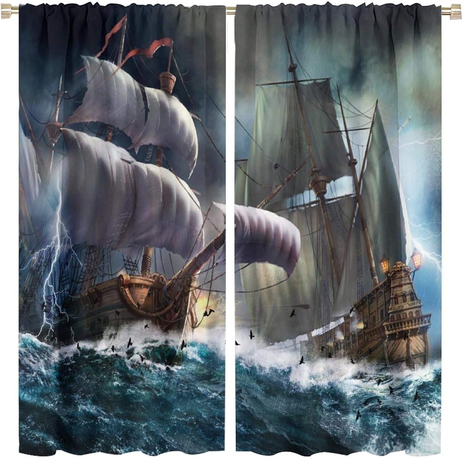 Brebasf Abstract Nautical Pirate Ship Blackout Rod Pocket Curtains,Vintage Mid Century Wooden Board Battleship Ocean Wave Thermal Insulation Room Darkening Window Drapes 2 Panels 84" L x 42" W