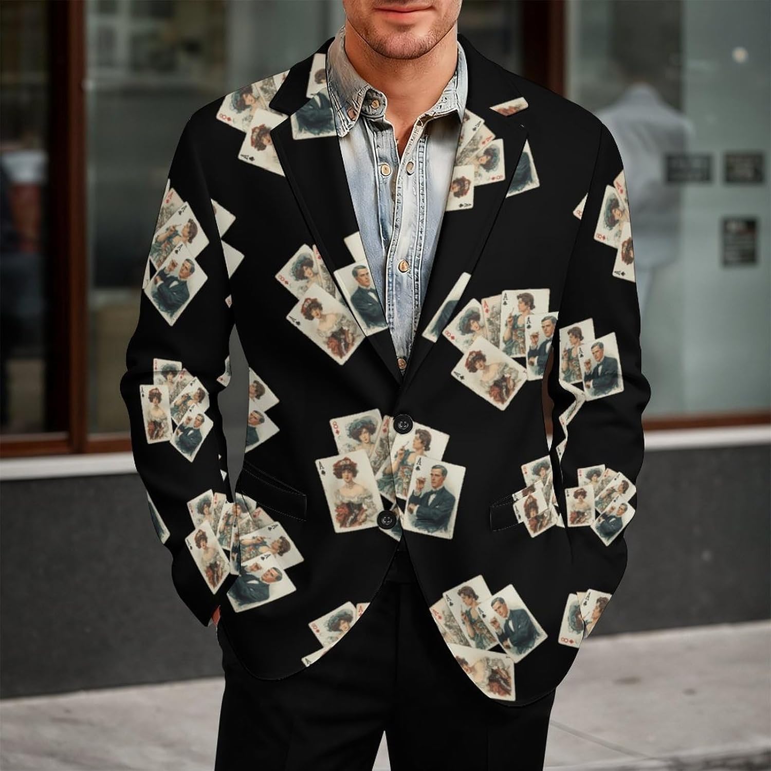 Vintage Poker Cards Trendy Men's Two Button Suit Funny Casual Slim Fit Blazer Coat Tuxedos Jackets