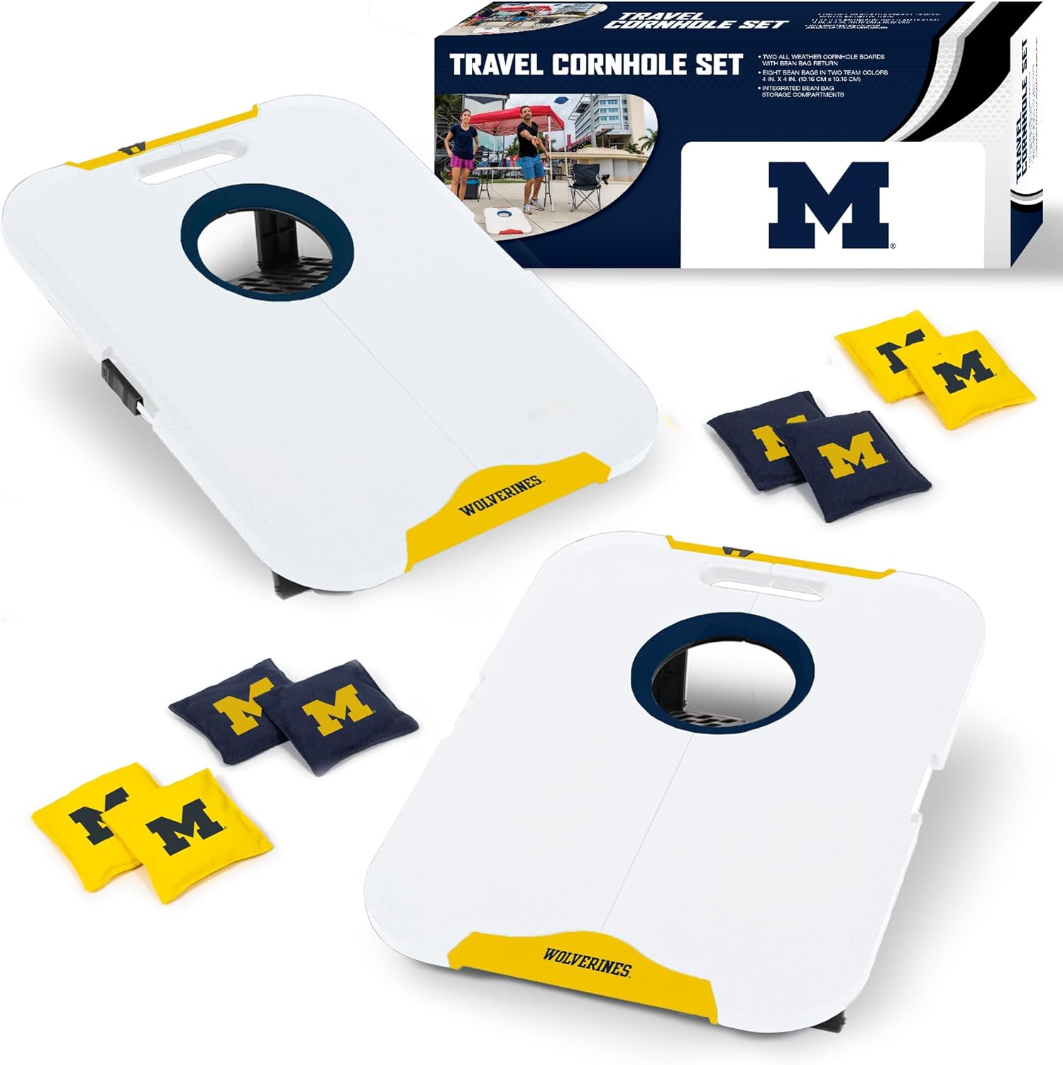 Wild Sports NCAA Michigan Wolverines Pro Football All-Weather Cornhole Set - Travel Bean Bag Toss Set Includes 8 Bean Bags