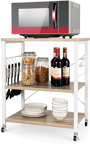 Giantex Kitchen Baker's Rack - Carrito de 3 niveles para microondas con ruedas, carrito de barra industrial con 10 ganchos, marco de metal, estantes