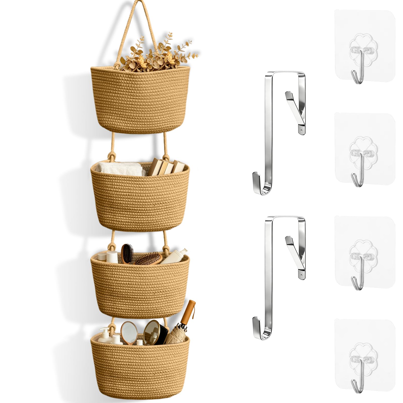 Tür Organizer hängend 4-stöckig, Khaki | Hängekorb aus Baumwollseil, Mit 4 Haken ohne Bohren, 2 verstellbare Cliphaken, Für Küche, Bad, Schlafzimmer