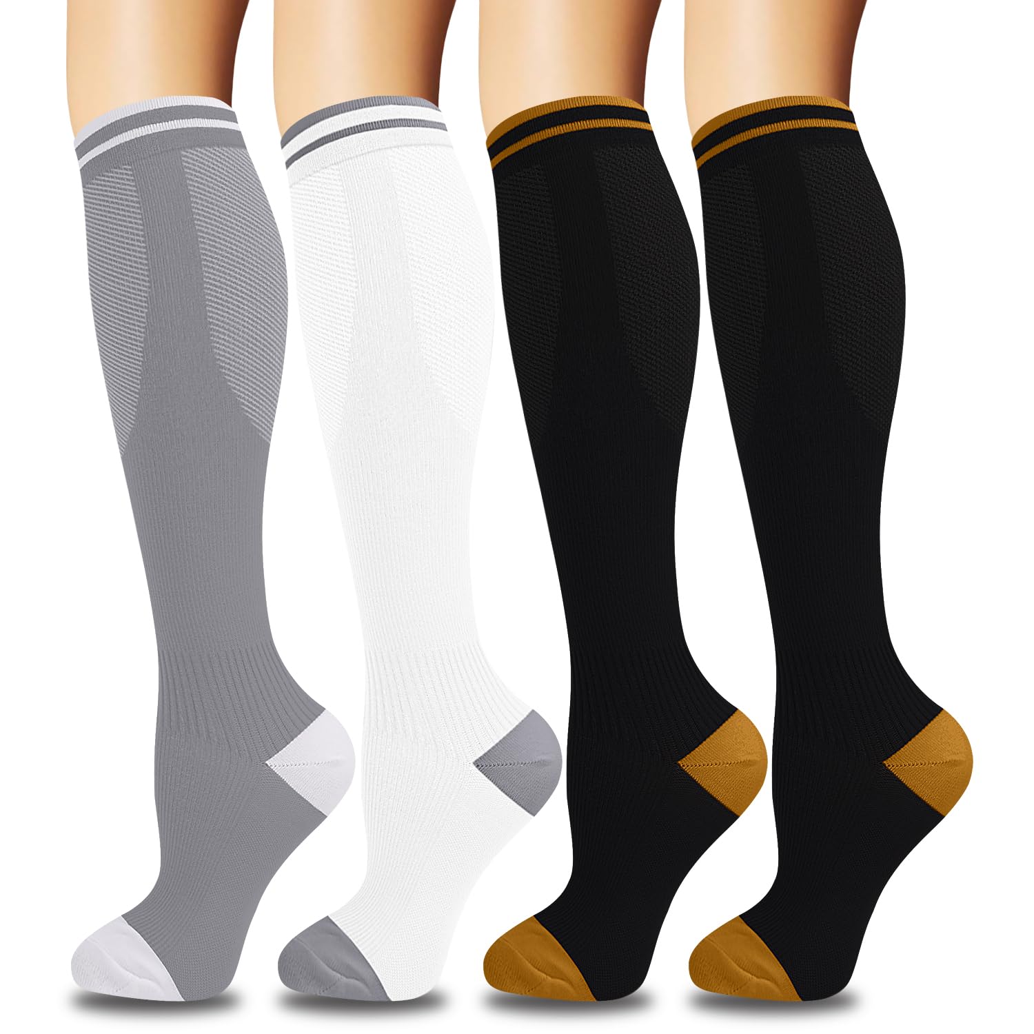 ACTINPUT Kompressionsstrümpfe Damen und Herren 4 Paar, Bunte Stützstrümpfe Kompressionssocken Atmungsaktiv kniestrümpfe trombosestruempfe reitsocken laufsocken（4123 - Schwarz，L-XL）