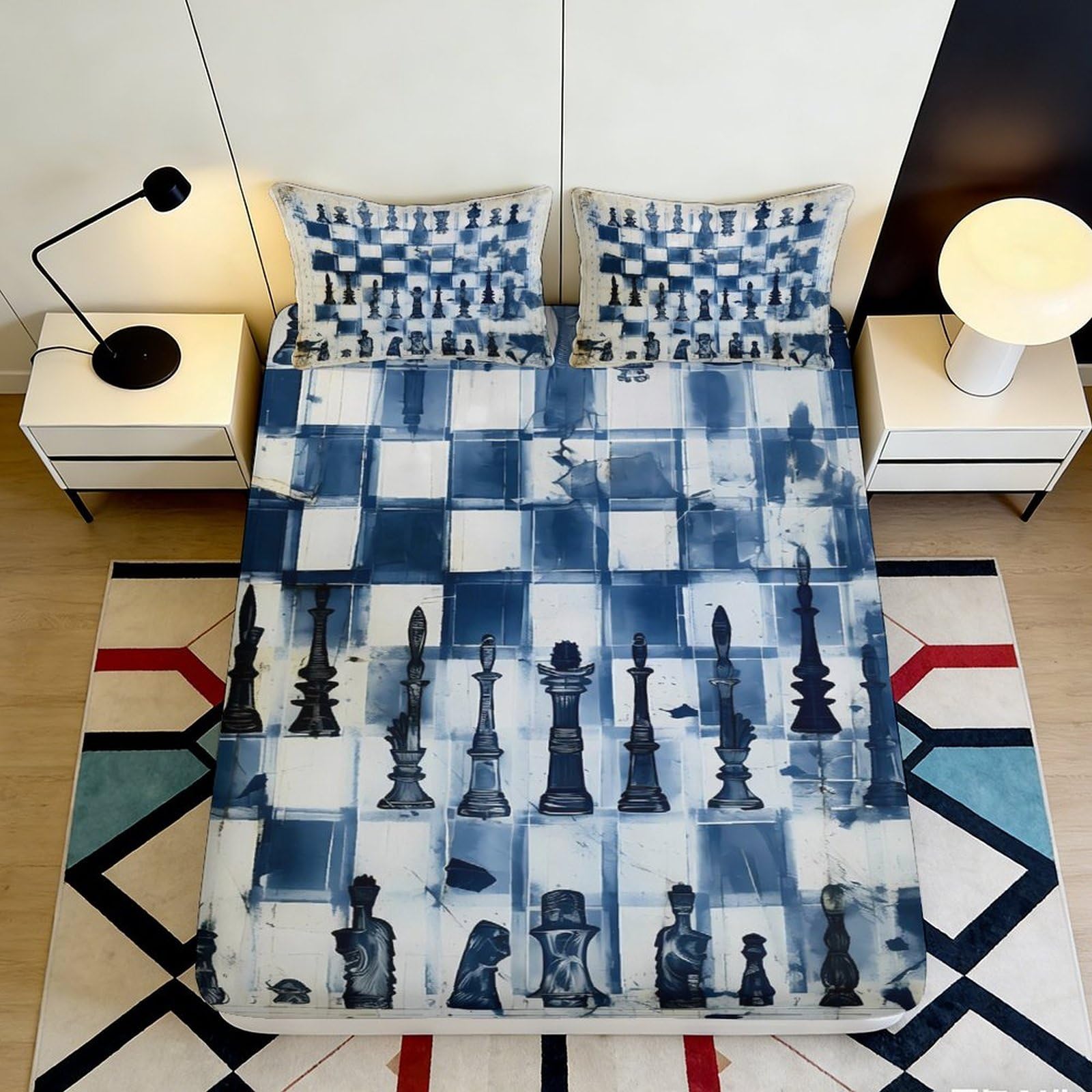 3D Printed Chess Board Fitted Sheet Microfiber Blue Artistic Chess Pieces Bed Cover for Bedroom Guest Room Decor 90x200x25cm