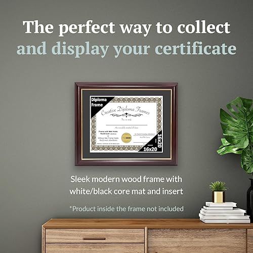 Vista 248 de Creative Picture Frames Marco de diploma de borde dorado caoba de 12 x 16 pulgadas con vidrio negro y colgadores de pared instalados, marco