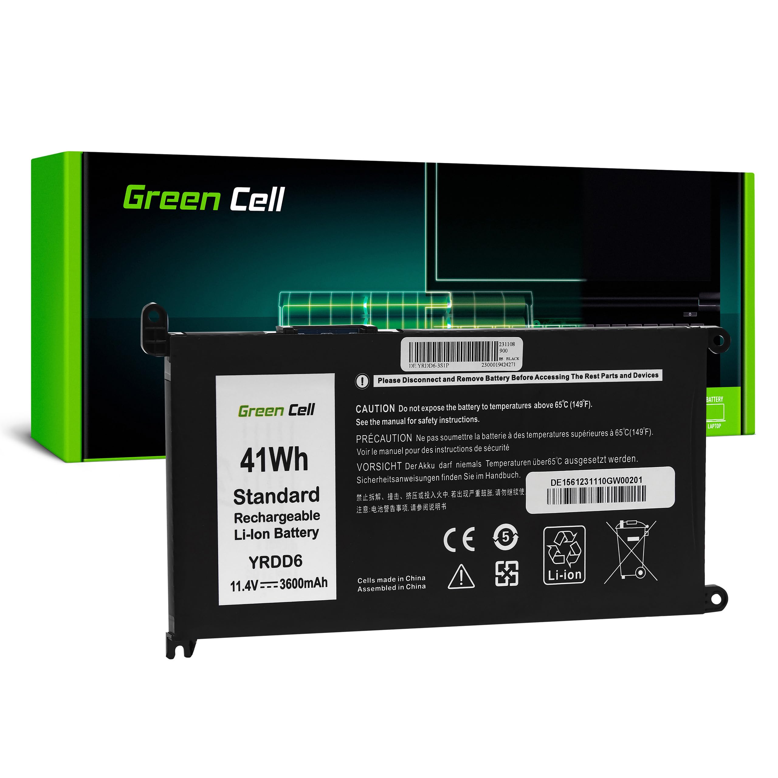 Green Cell YRDD6 1VX1H bateria do laptopa Dell Inspiron 5493 5485 5491 5584 5593 5590 Vostro 5581 3491 laptop (3600 mAh 11,4 V czarny)