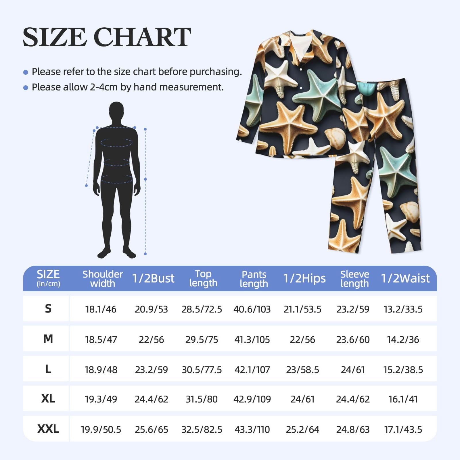 Herren-Pyjama-Set, langärmelig, Seesternmuster, zweiteilig, bequem, Nachtwäsche