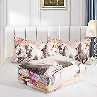 Vista 3 de HOSIMA Juego de ropa de cama para niñas con temática de caballos, juego de edredón estampado de flores de cerezo rosa con 2 fundas de almohada