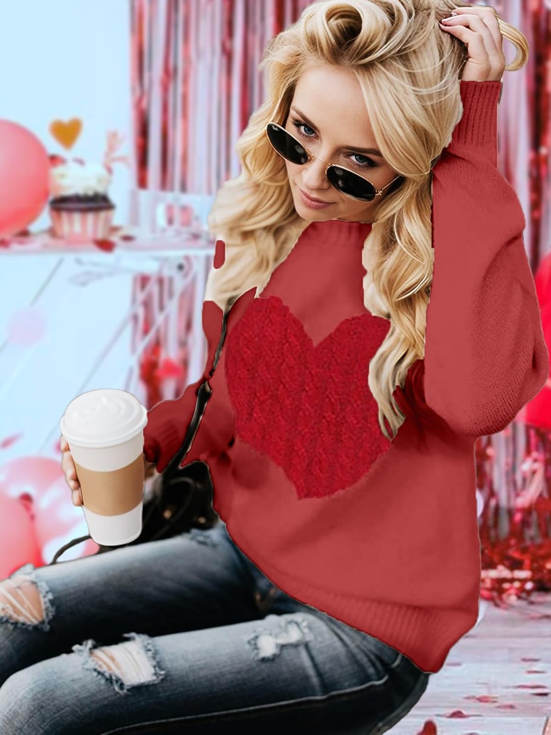 Heart Sweater for Women Valentines Day Gifts for Her Red Sweaters Crewneck Long Sleeve Lightweight Cute Tops - Image 3