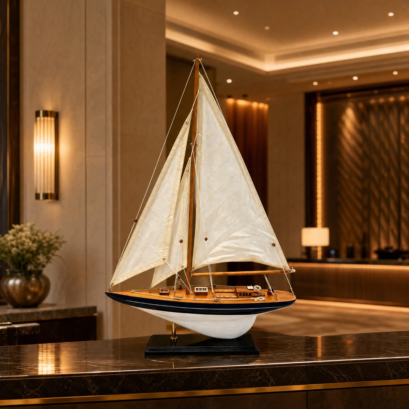 Veliero Decorativo Artigianale Nautico Modello di a Vela con Base di Esposizione Durevole Veliero in Legno per Console D'ingresso, Bar, Hotel, Stile A