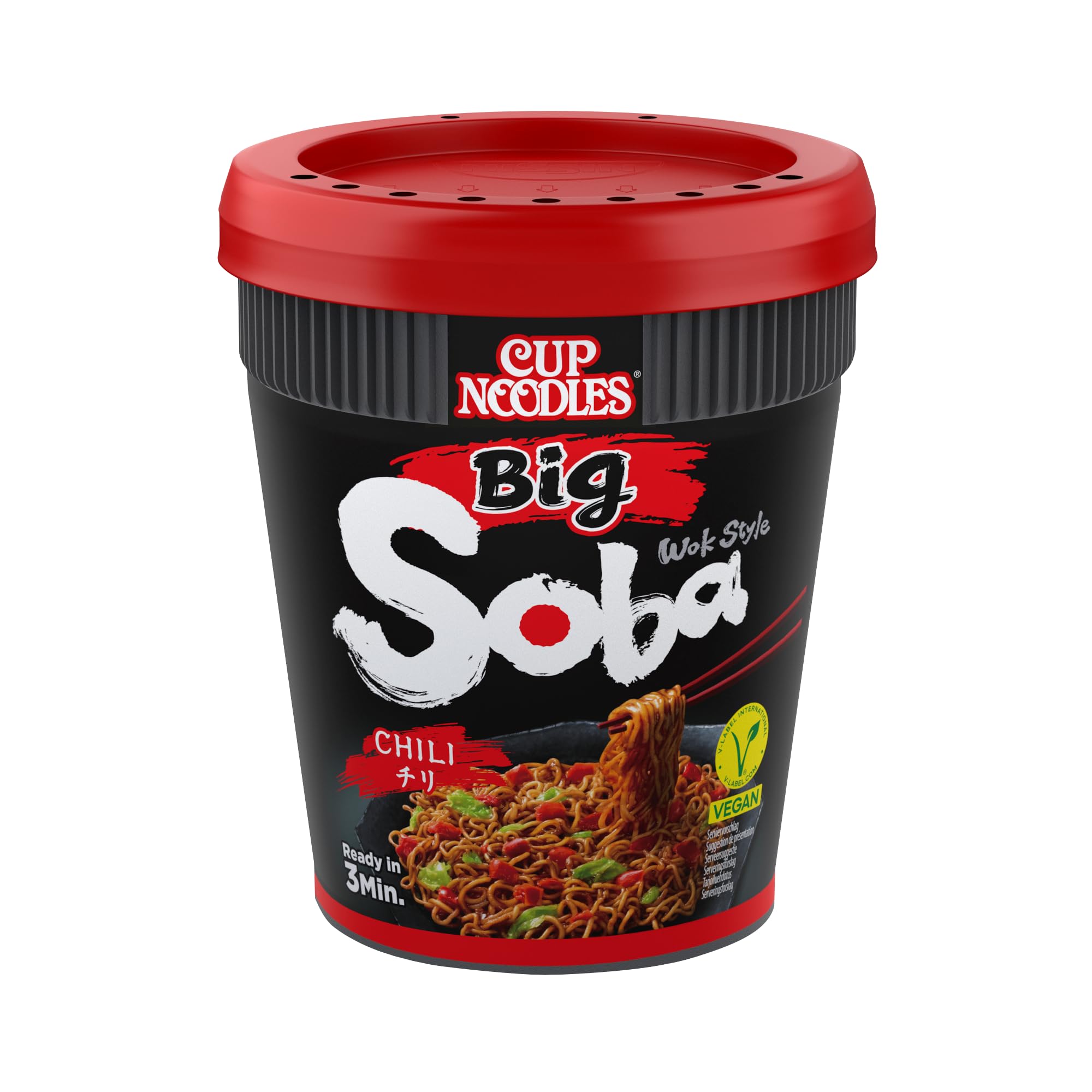 Nissin Cup Noodles Soba Big - Paquete de 6 fideos instantáneos estilo wok estilo japonés, con salsa de chile, vainas y verduras, preparación rápida en taza, comida asiática, porción grande (6 x 115 g)