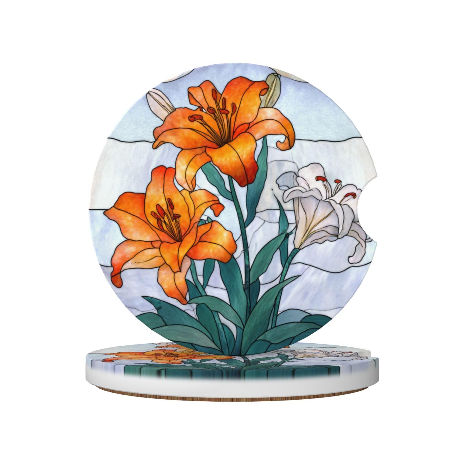 Orange and White Lily Flowers Ceramic Coasters,2pcs