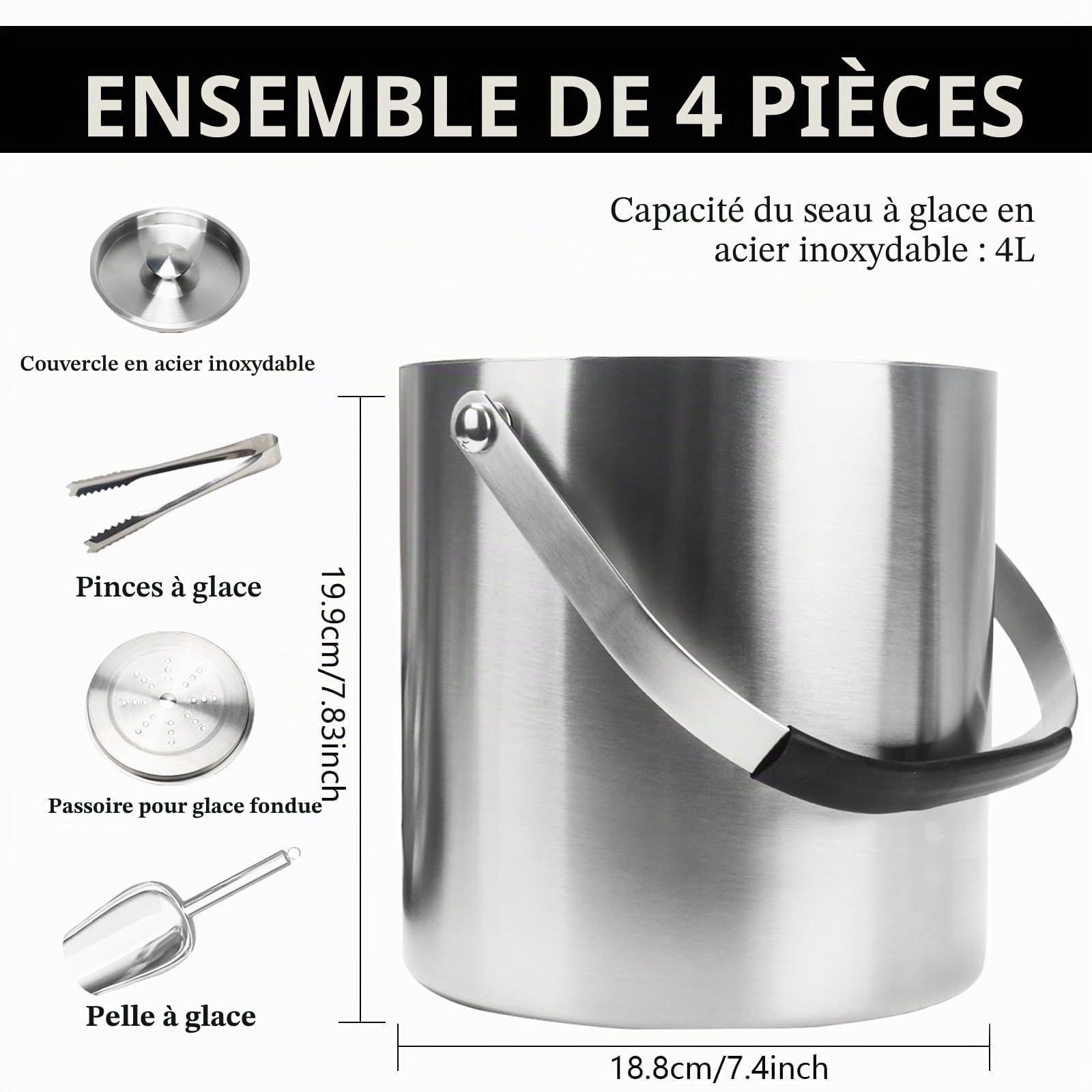 4L Seau a Glacon Isotherme Double Paroi pour Champagne Cocktails | Seau à Glace en Inox avec Couvercle Cuillère Pinces et Passoire Seau a Champagne pour Bière Cocktails Vin Frais Bar Fêtes