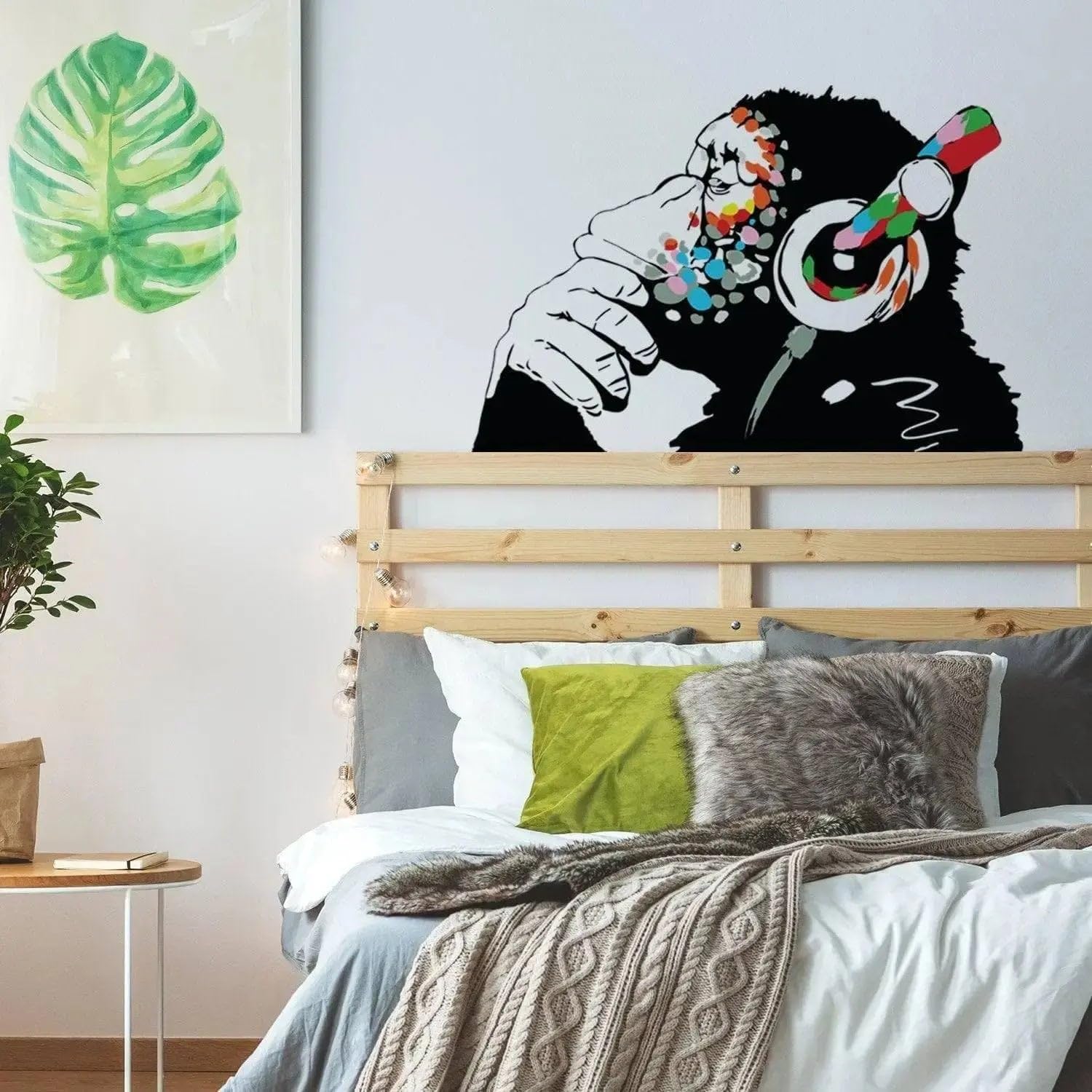 Adesivo da parete con scimmia pensante di Banksy – Art Vinyl Street DJ Baksy Decal – Cuffie scimpanzé musica pensatore graffiti murale 79 x 54