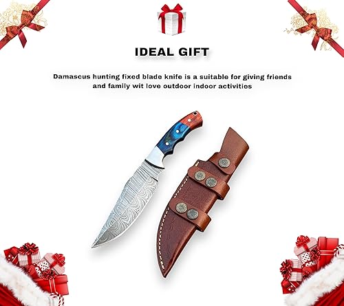 Miniatura 7 de Cuchillo de caza de Damasco hecho a mano, ideal para acampar, cuchillo de caza de hoja fija parcialmente dentada al aire libre con vaina, cuchillo