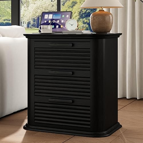 Miniatura 13 de Mesita de noche acanalada de 22 pulgadas con estación de carga, mesa auxiliar moderna con 2 cajones y almacenamiento abierto, mesita de noche de