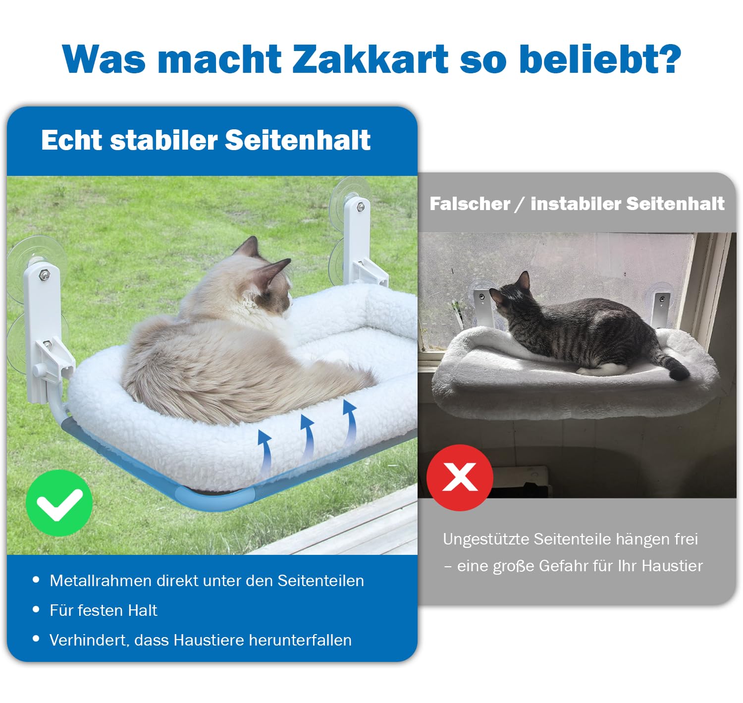 Zakkart Faltbare Katzenhängematte für Fenster - Kabellos, Eingebettetes Maschinenwaschbares Bett, Robuster Metallrahmen, Katzenfensterstange für große Katzen und Kätzchen (weißes, groß)