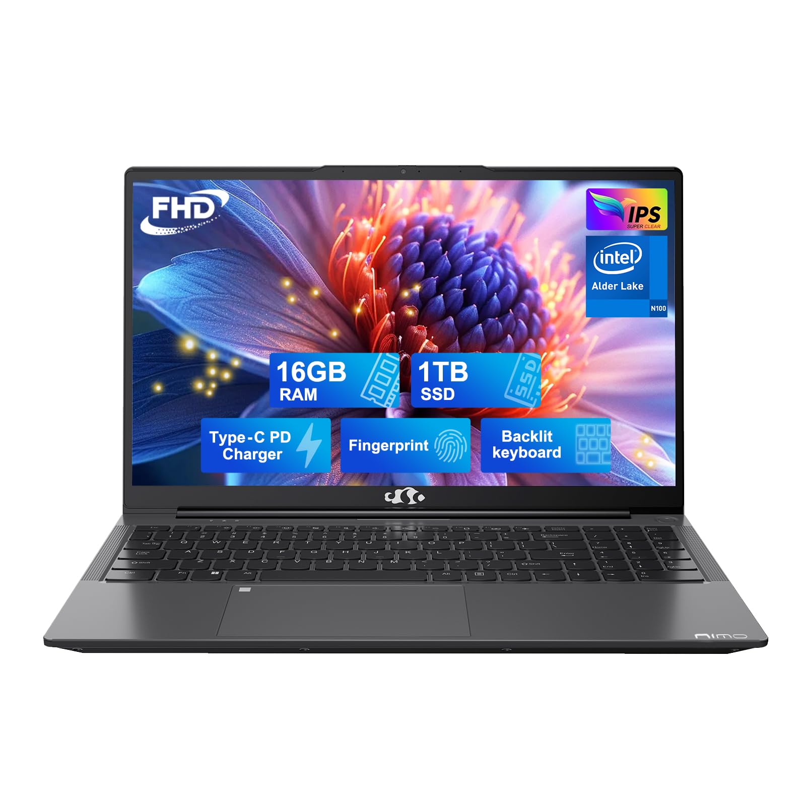 NIMO 15.6 IPS FHD-Laptop, 16GB RAM 1TB SSD Intel Pentium Quad Core N100, Computer with Backlit Keyboard Fingerprint (Beat to i3-1115G4 Up to 3.4GHz)