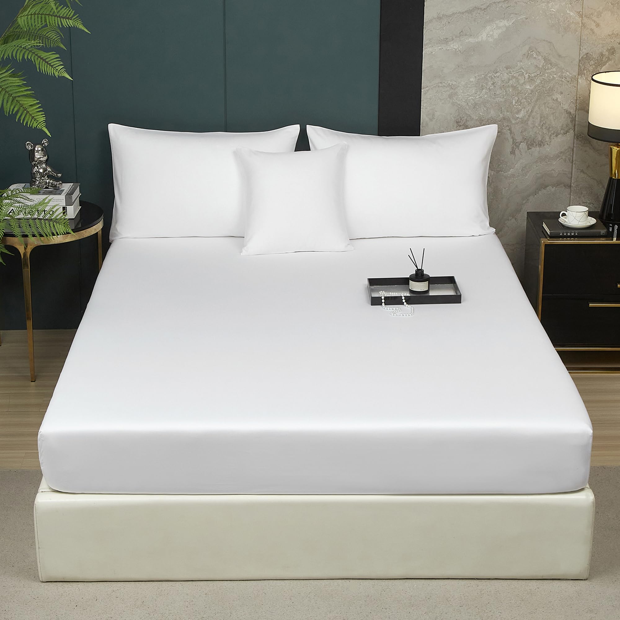 Luofanfei Bambus Lyocell Spannbettlaken 90x200cm Grün Salbeigrün Boxspringbett Frottee Topper Glänzend Bambusfaser Bettlaken Spannbetttuch 90 x 200 Uni Spannbetttücher für Hohe Matratze bis 25-30 cm