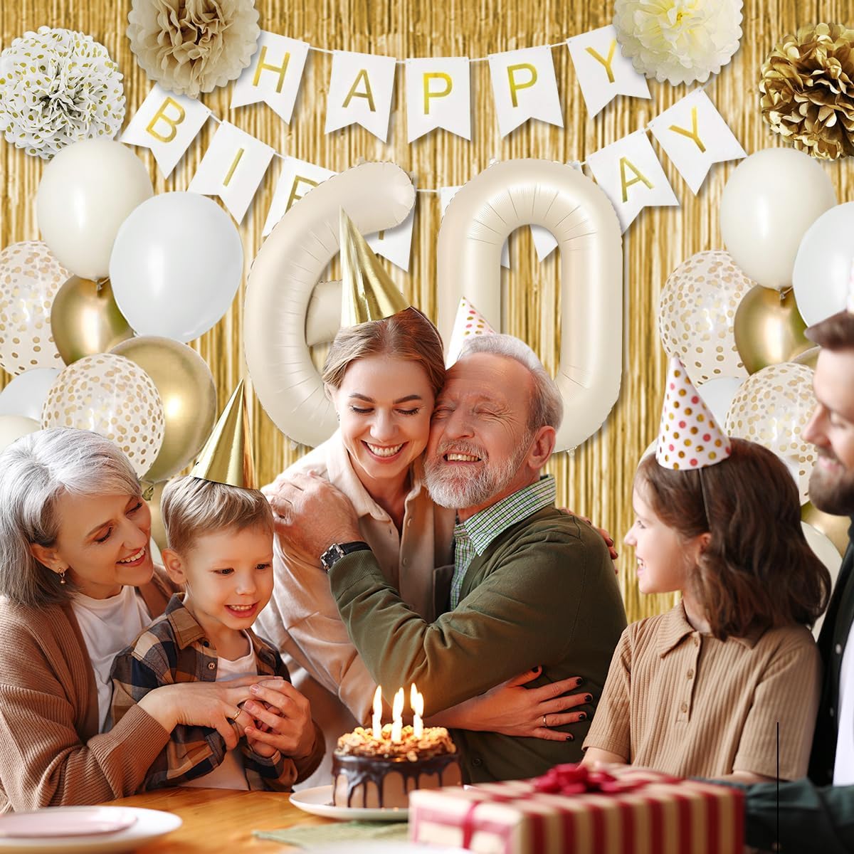 60th Birthday Decorations, Happy 60th Birthday Decorations White and Gold Balloons Happy Birthday Banner Tablecloth Fringe Curtain Cake Topper Paper Pom Poms Men Women 60 Year Old Birthday Party Decor - Image 3