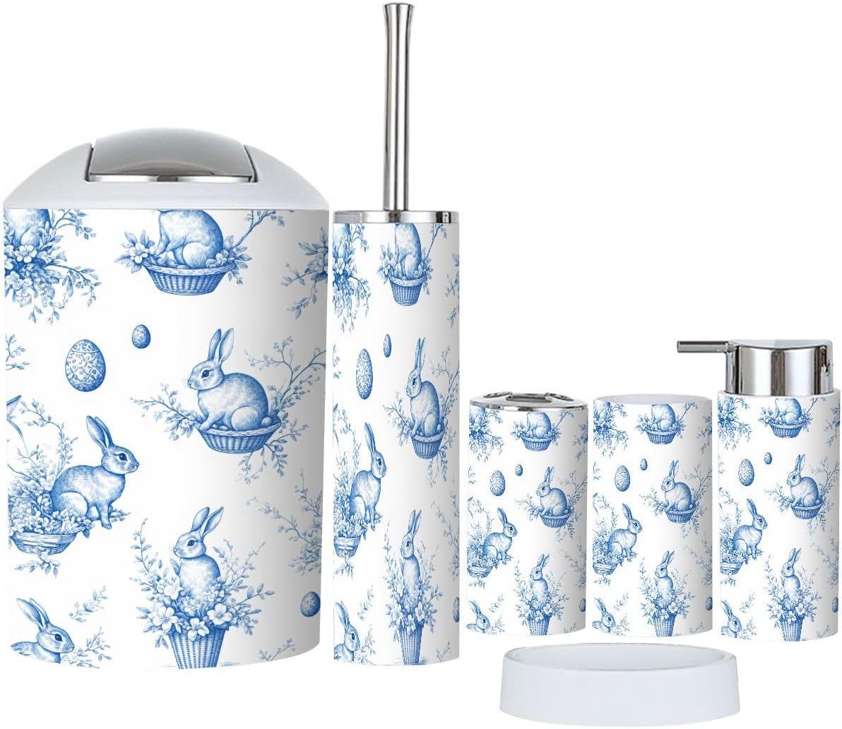 Bathroom Accessories Set 6 Pcs Easter Bunny Baby Chicken Watercolor Spring Flowers Eggs Grass Toothbrush Holder Cup Soap Dispenser Soap Dish Toilet Brush Holder Trash Can for Countertop Decor