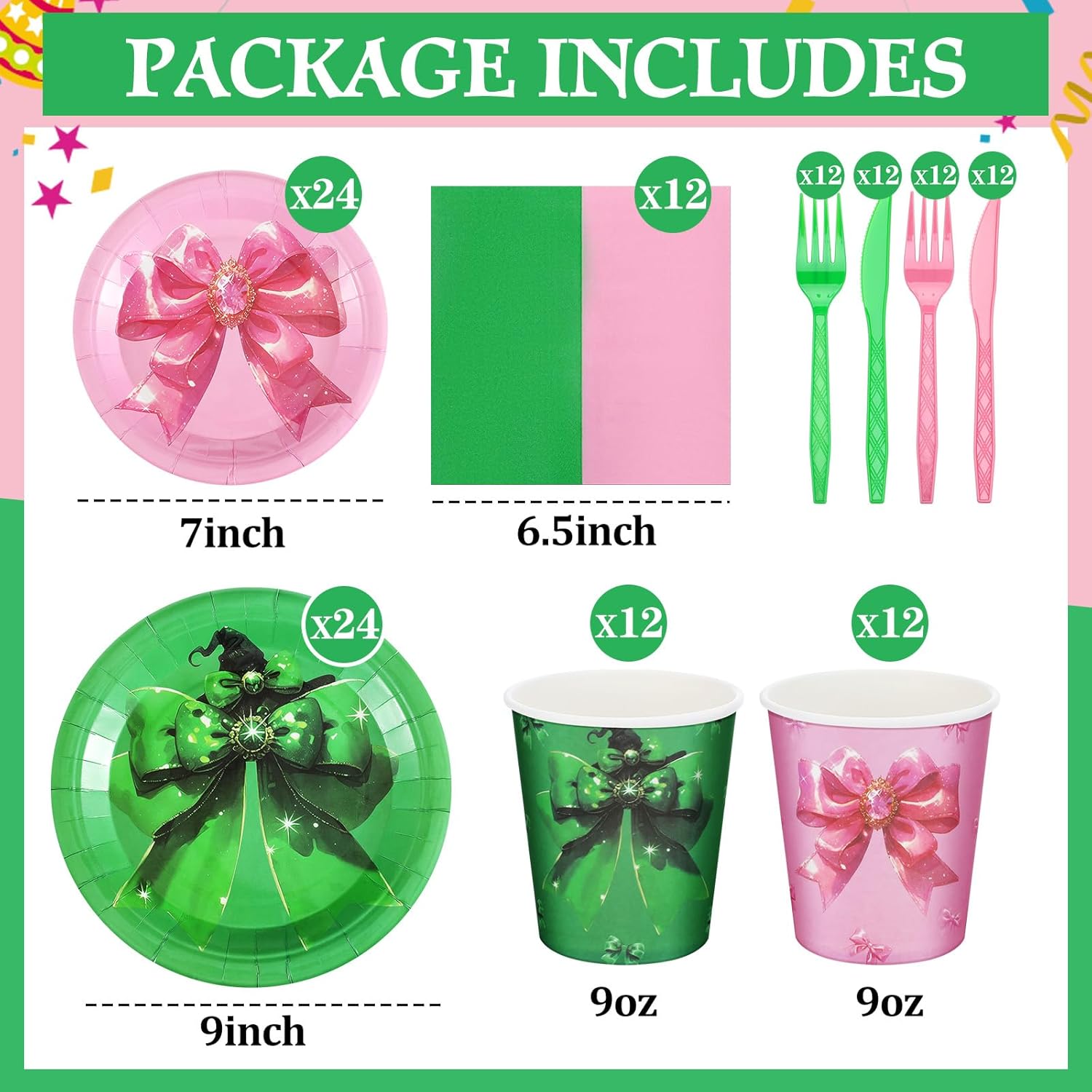 Yungyan 144 Pcs/24 Set Witch and Princess Party Tableware Pink and Green Party Supplies Plates and Napkins Disposable Tableware for Birthday Movie Magical Fairy Tale Theme Celebration - Image 2