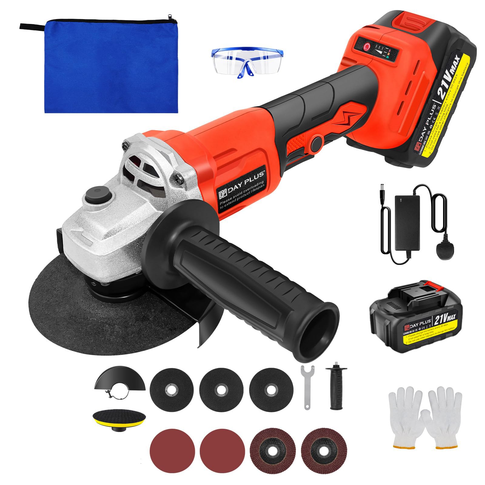Cordless Angle Grinder with 1300mAh Battery and Charger, 3-Speed Grinder for Cutting, Grinding, Polishing Metal, Wood, Tile, Includes Discs,Saw Blade, Gloves, Goggles, 21V
