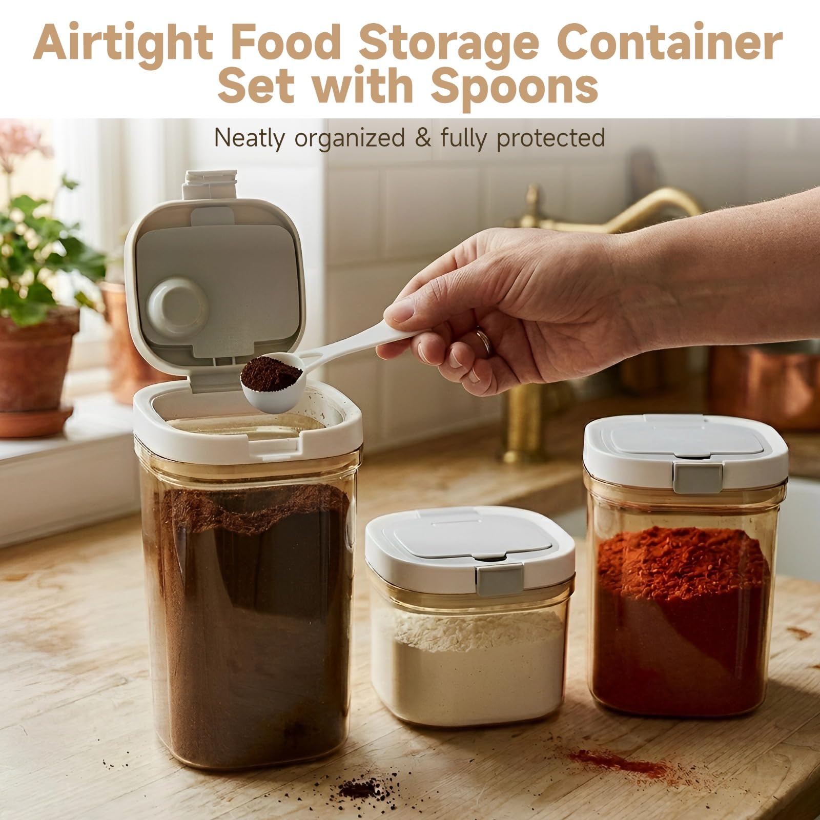 3-teiliges luftdichtes Frischhaltedosen-Set, stapelbare Küchenbehälter mit Löffeln, für Kaffee, Zucker, Mehl, Tee, Müsli, Trockenwaren-Organisation