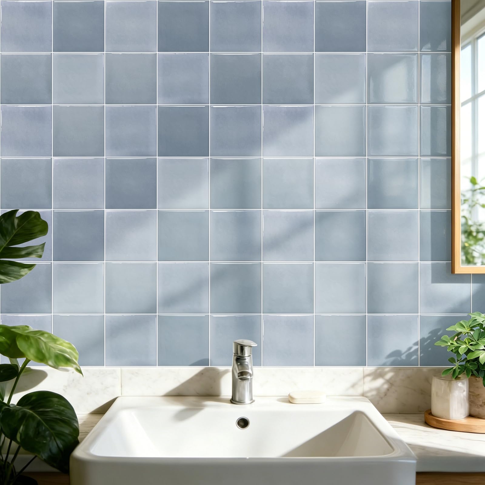Stick on Tiles Grey Blue Brick Tile Stickers for Bathroom Kitchen Backsplash Waterproof Tile Covers for Fireplace Surround Cabinet Furniture Stick on Kitchen Tiles 10x10 cm/10 pcs