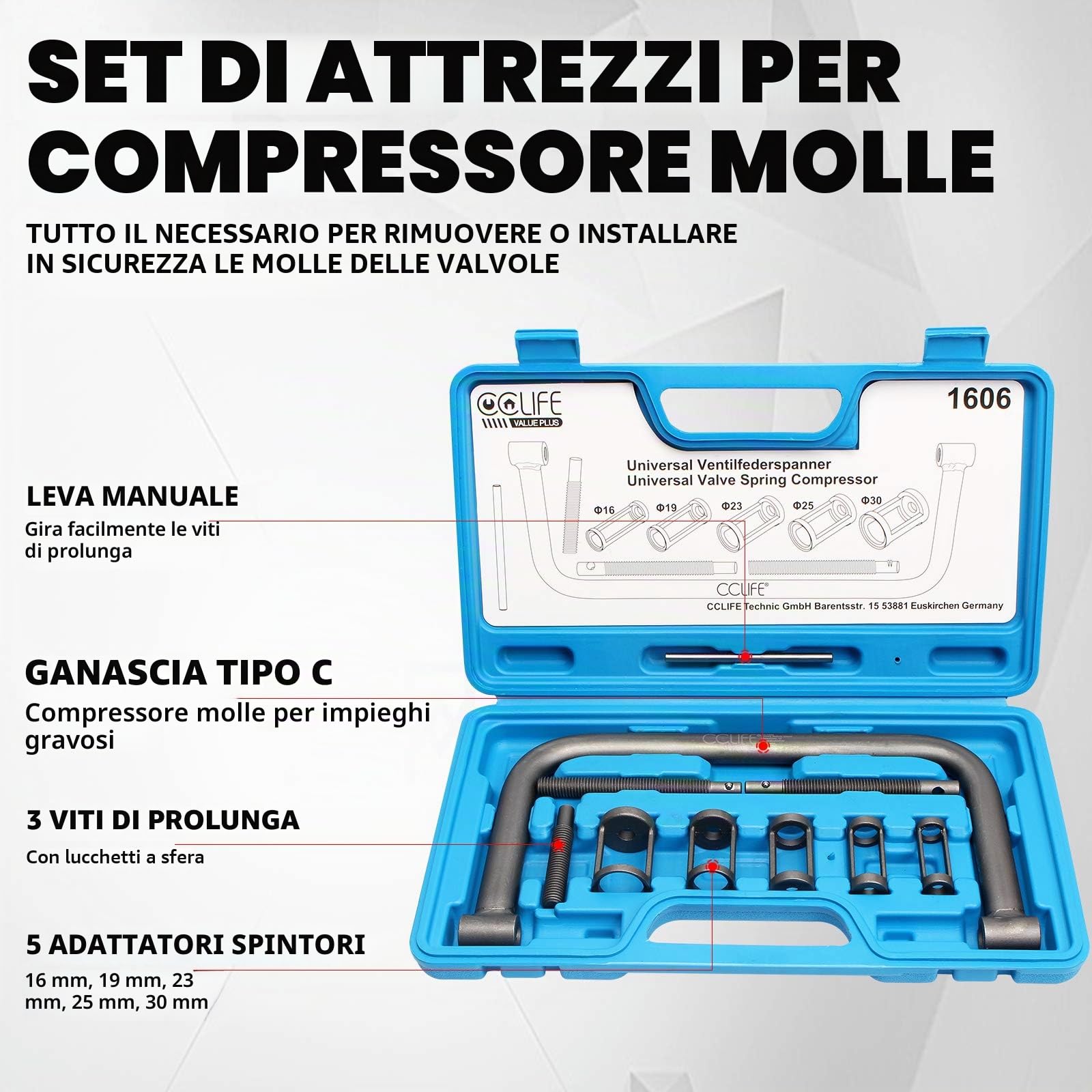 CCLIFE Compressore Molle Valvola Universale, Set 10 Pezzi, Gamma 16-30mm, con Custodia Portatile