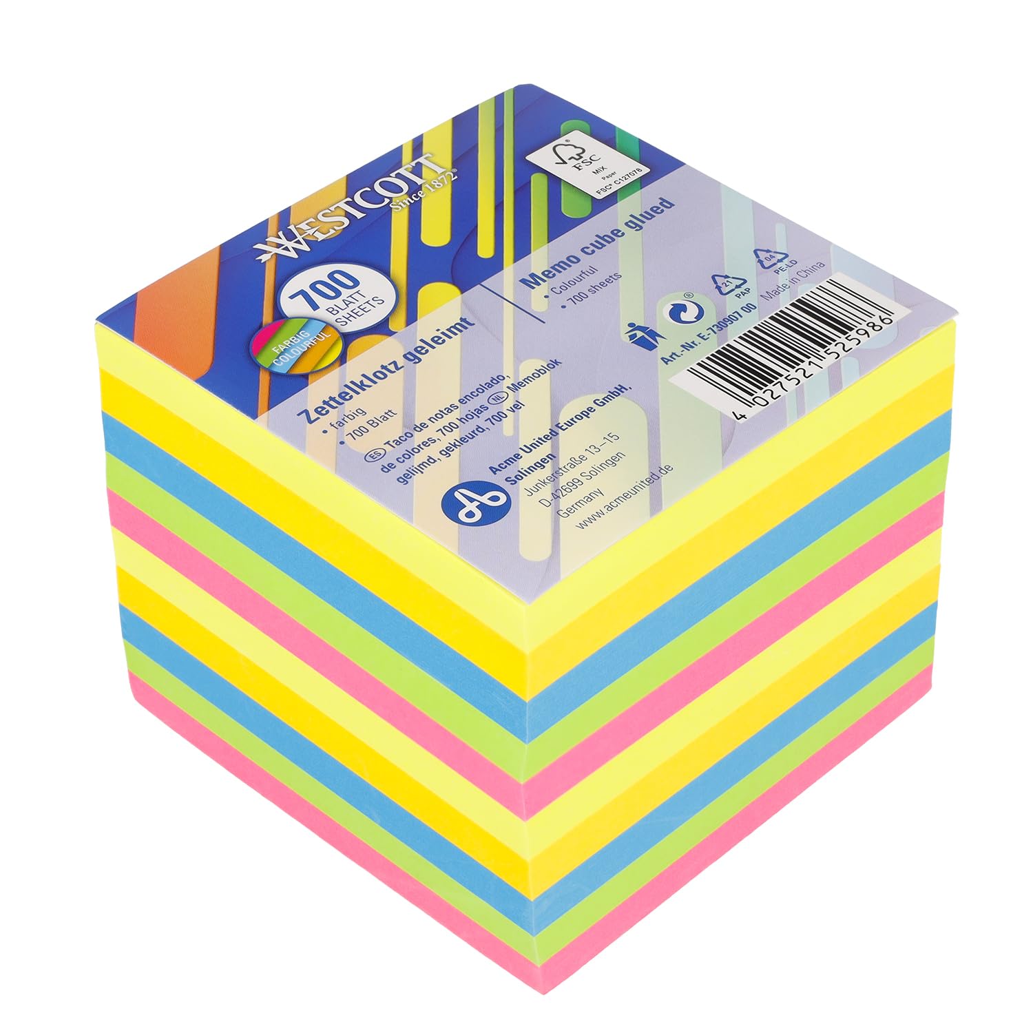Westcott Note Block Coloured 700 Sheets | memo Block glued with 9 x 9 cm Sheets in 5 Colours | FSC-Certified Paper 75g/m² | E-730907 00