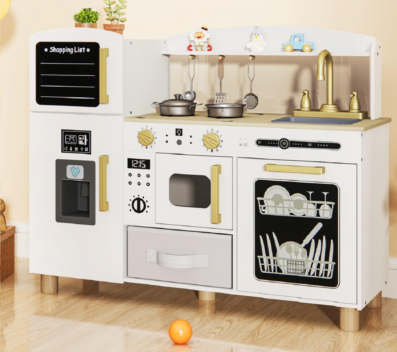 INFANS Play Kitchen for Kids, Wooden Pretend Playset with Acrylic Drawing Board Ice Maker Dishwasher Fabric Drawer, Toddler Cooking Toy Gift for Boys Girls (White)