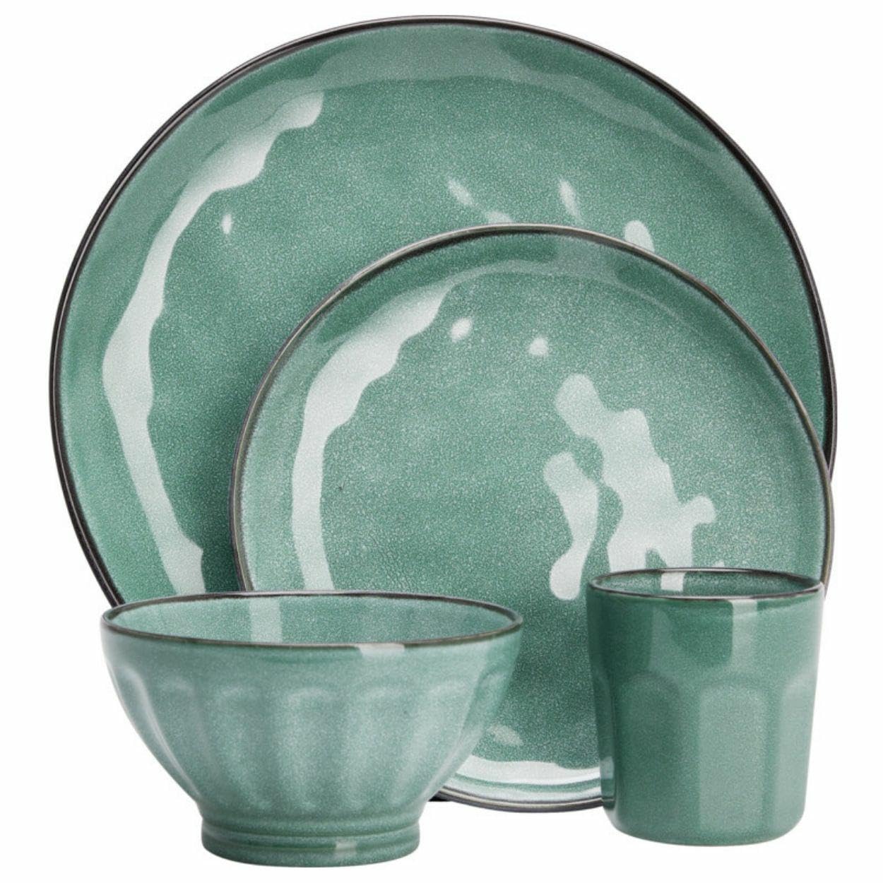 Geschirrset Tafelservice Set für 4 Personen 16 teilig Steingut Teller Tassen Schalen grün reaktive Glasur modern natürlich
