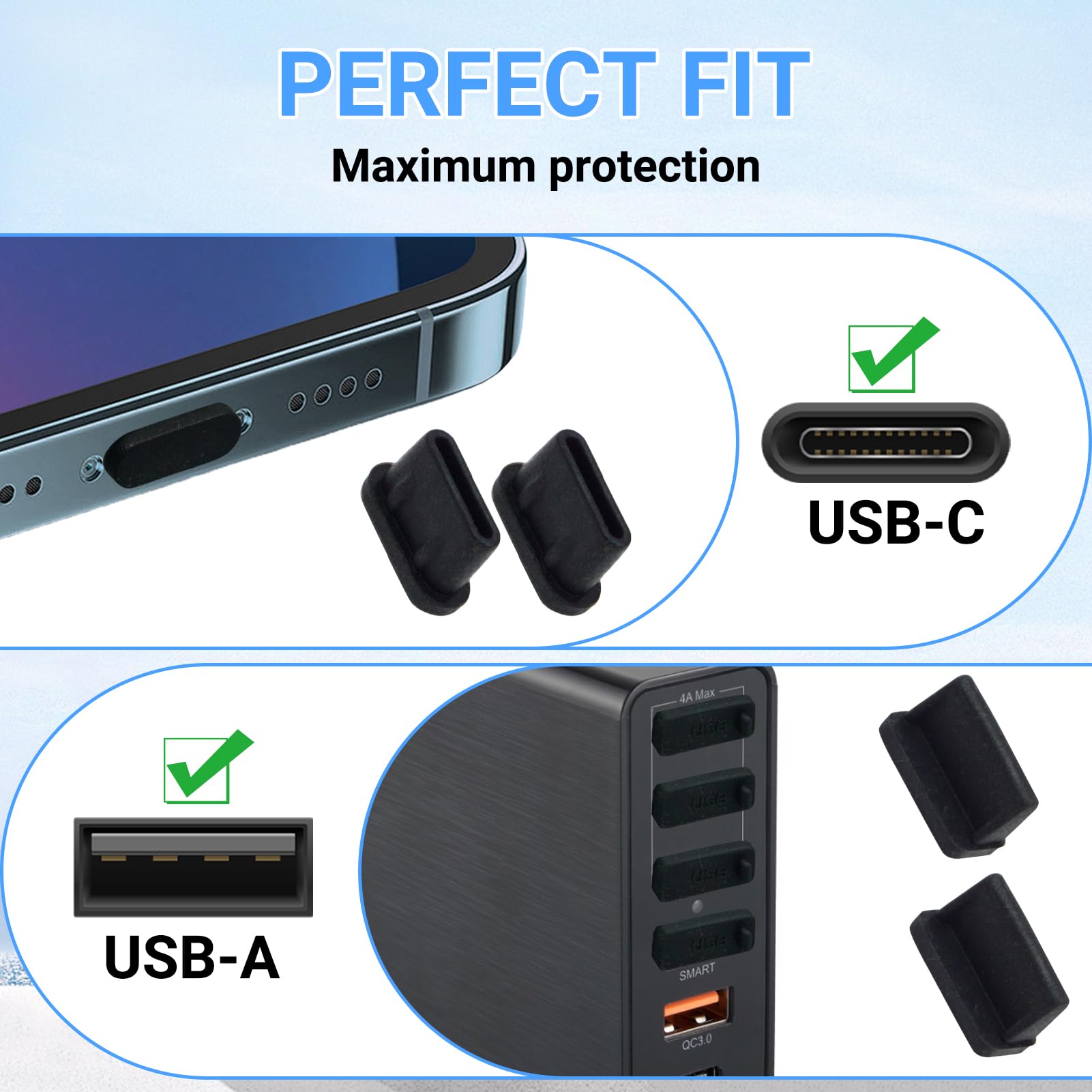 Combo 20 Tappi Antipolvere USB-C E USB-A – 10+10 In Silicone Nero, Protezione Universale Per Smartphone, Tablet E Laptop