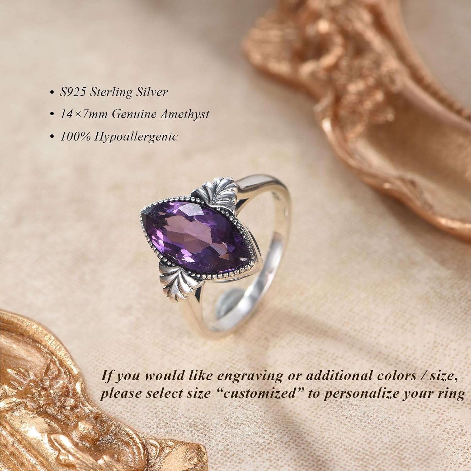 14x7mm Genuine Amethyst Ring for Women 925 Sterling Silver Real Marquise Shaped Amethyst Engagement Statement Promise Rings Personalized - Image 5