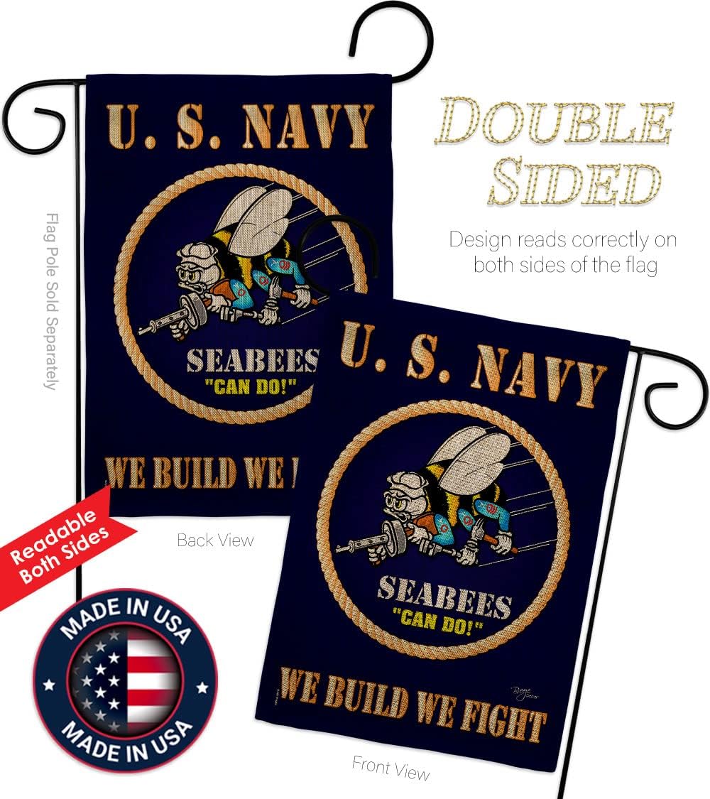 Sea Bees Burlap Garden Flag - Set with Stand Armed Forces Navy USN Seabee United State American Military Veteran Retire Official - House Banner Small Yard Gift Double-Sided Made in USA 13 X 18.5