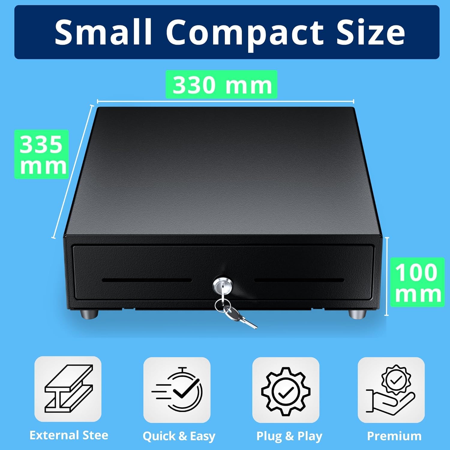Cassetto Porta Soldi per Registratore di Cassa 33x33 cm, Automatico/Manuale RJ11, Kit Professionale con Penna Verifica Banconote - Cassetto Cassa 4 Banconote e 8 Monete, Nero