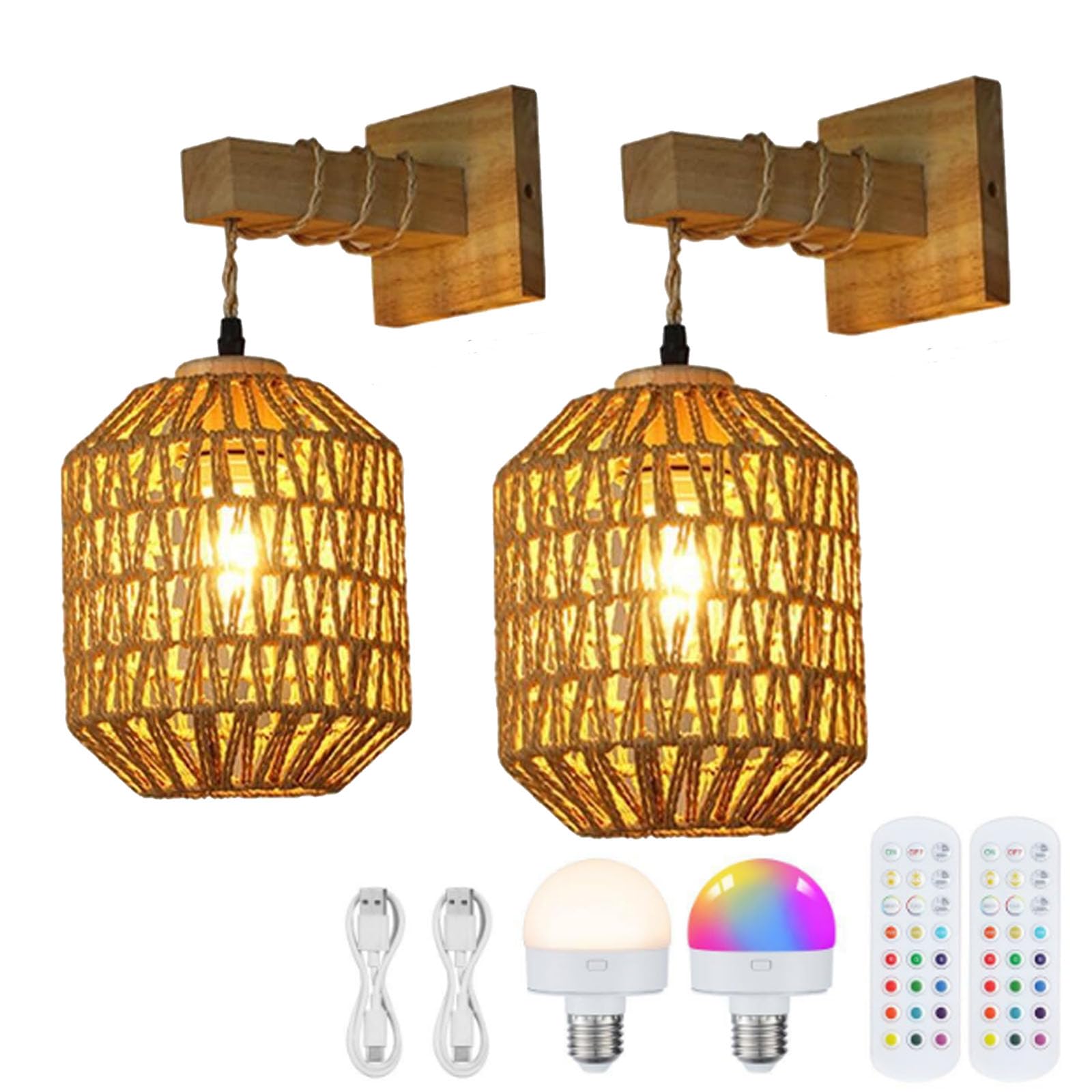 FZQSXAZU Remote Battery Operated Light Sconces Wall Decor Set of 2,Boho Sconces,Battery Rechargeable Rattan Wicker,Dimmable Wireless Lamp for Bedroom,Hallway,Entryway(Size:2pcs,Color:C)