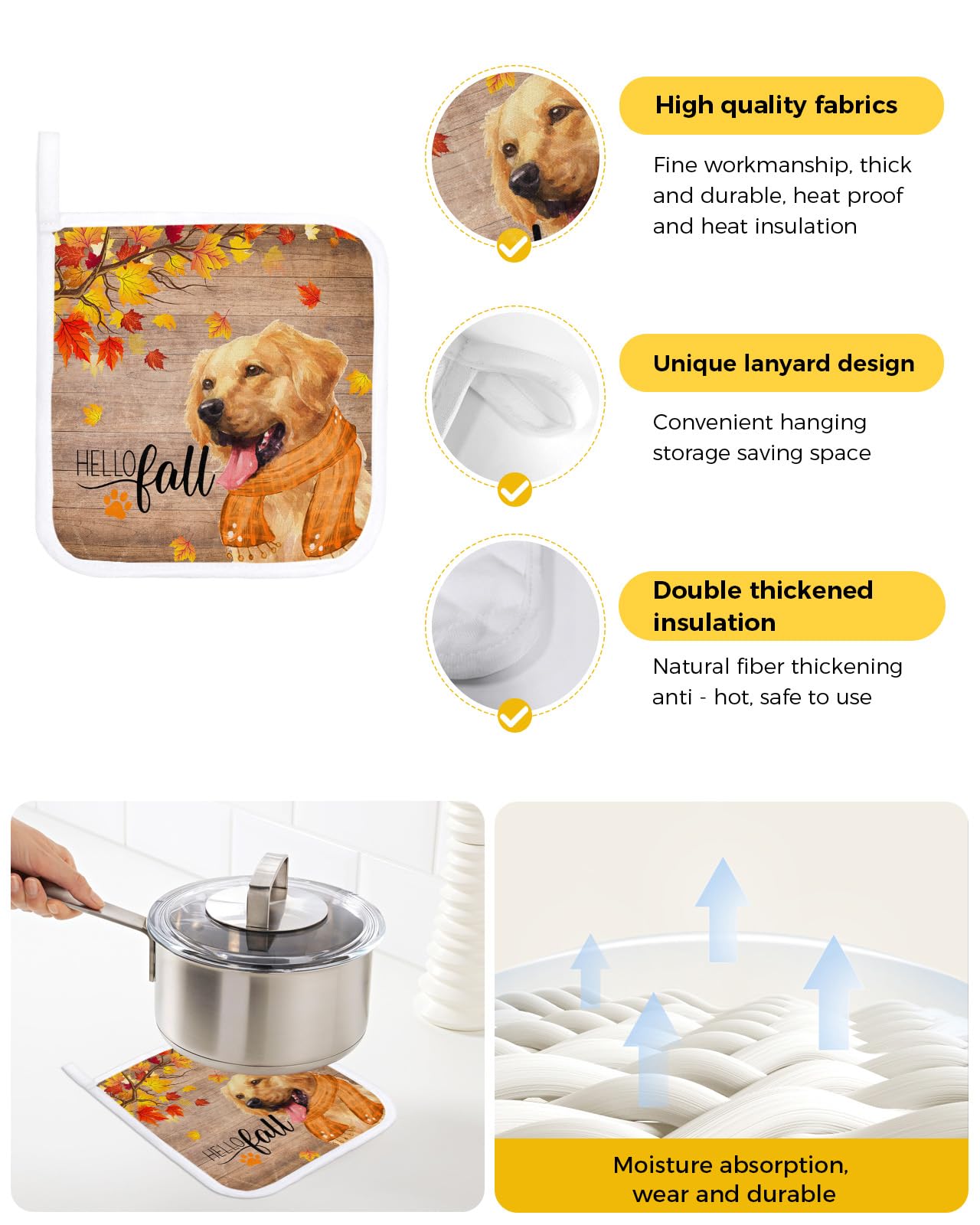 2 Packs Thanksgiving Pot Holders Sets for Kitchen,Oven Pan Plate Bowl Pads Heat Proof Mat with Hanging Loop,Thick Terry Cloth Potholders for Cooking Baking Fall Animal Dog Farmhouse Maple Tree