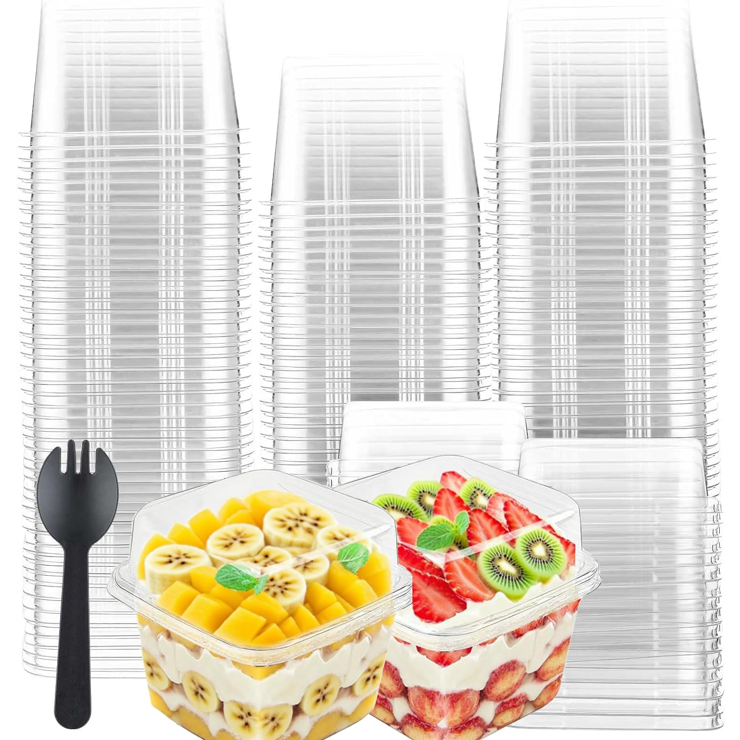 50Pcs Cheesecake Pots with Lids & Forks, Square Dessert Cups, 8oz/240ml Reusable Plastic Dessert Bowls, Clear Plastic Cheesecake Cups for Cupcake Pudding Snacks Yogurt Parfait Fruits Mousse Party