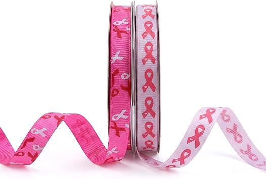 50Yards Breast Cancer Awareness Ribbon, 2Rolls Printed 3/8 Inch Grosgrain Ribbon for Gift Wrapping DIY Crafts Decoration White, Rose Pink