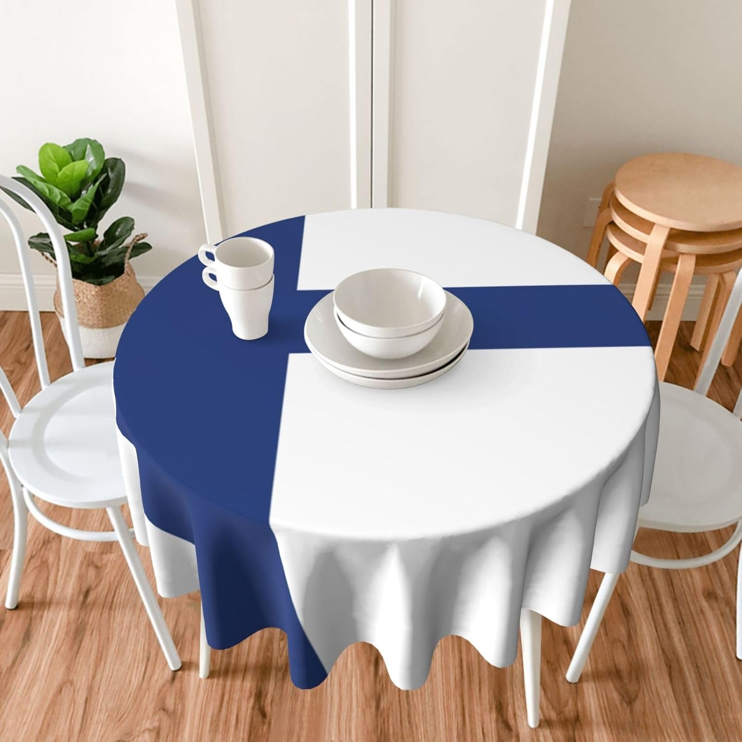 Finnish Flag Print Wrinkle Free Dining Table Cover for Birthday Party Farmhouse Tablecloths Up to 60 x 60 Inches